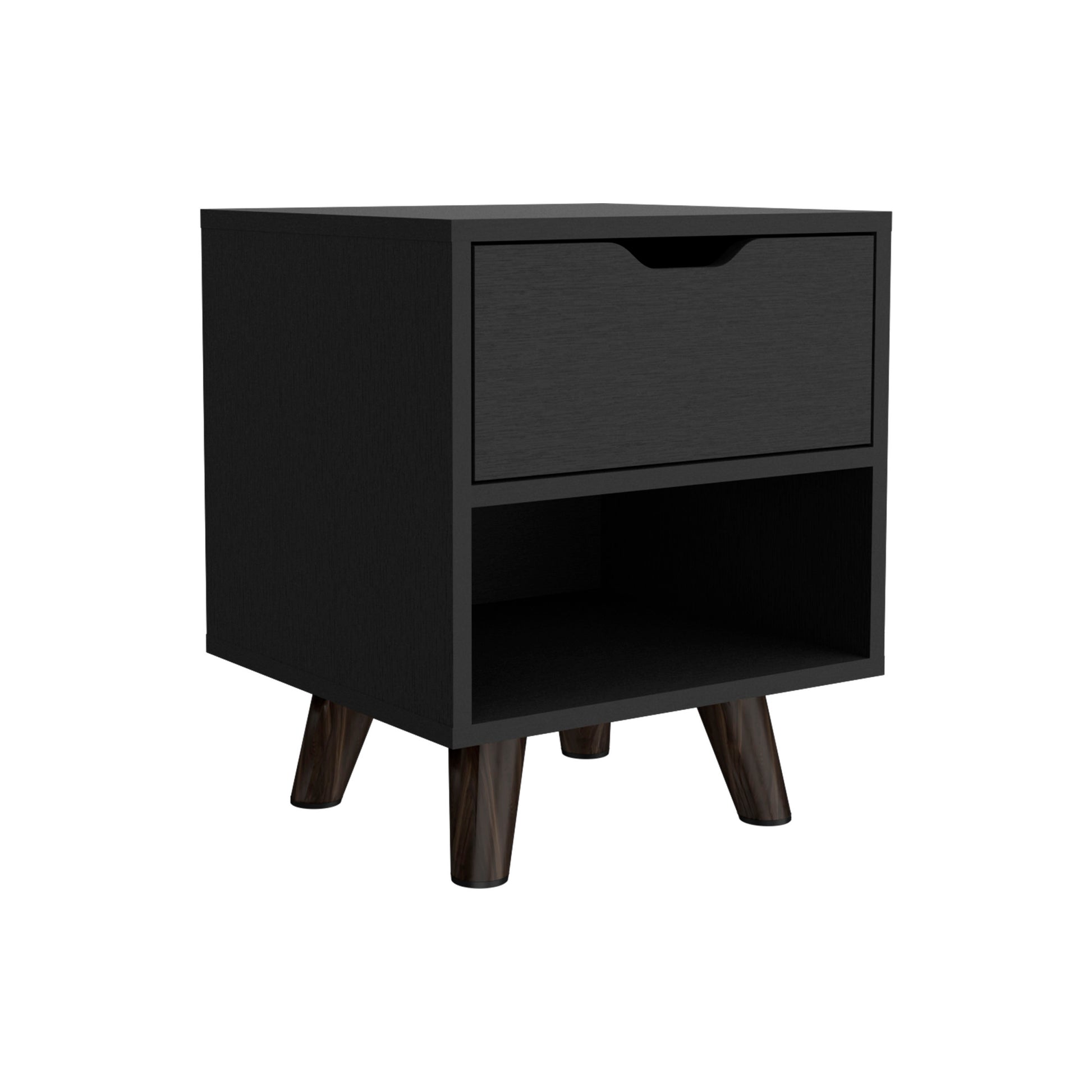 Crail Nightstand With 1 Open Storage Shelf, 1 Drawer And Wooden Legs Black 1 Drawer Bedroom Open Storage Modern Drawers Particle Board Engineered Wood