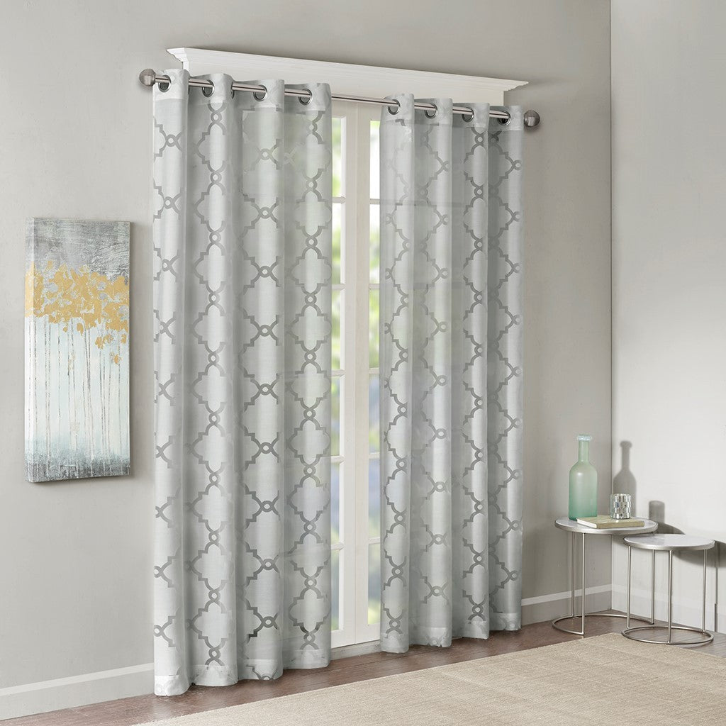 Fretwork Burnout Sheer Curtain Panel Only 1 Pc Panel Grey Polyester