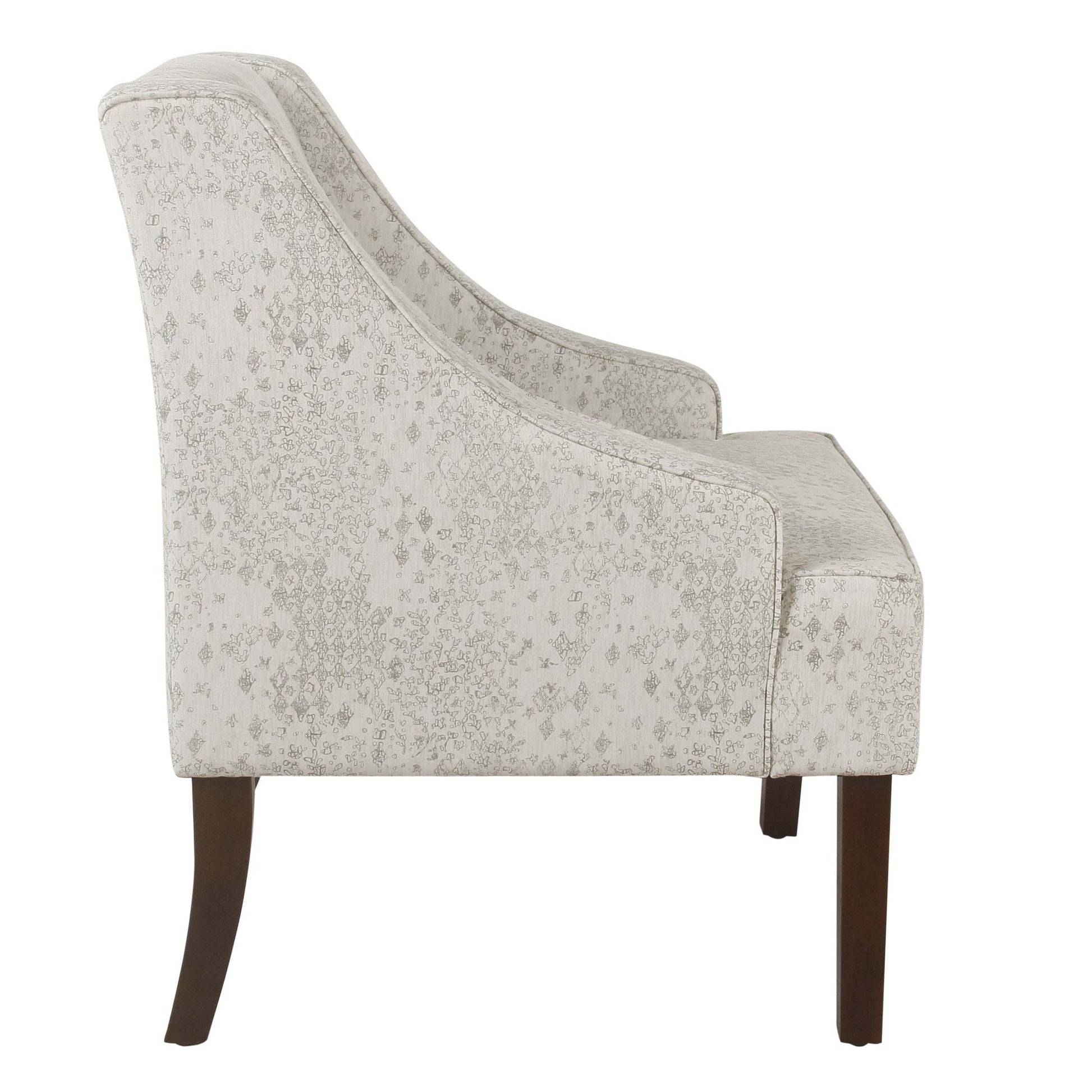 Fabric Upholstered Wooden Accent Chair With Swooping Arms, White And Brown Off White Wood Fabric
