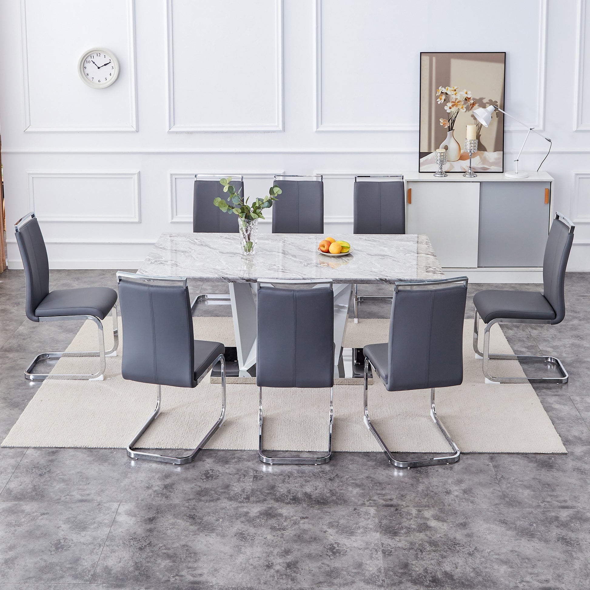 1 Table And 8 Chairs Set.Modern Grey Mdf Faux Marble Dining Table With Double V Shaped Supports.Paired With 8 Modern Pu Artificial Leather Soft Cushion With Silver Metal Legs.F Vv,C 1162 Gray Seats 8 Mdf Metal