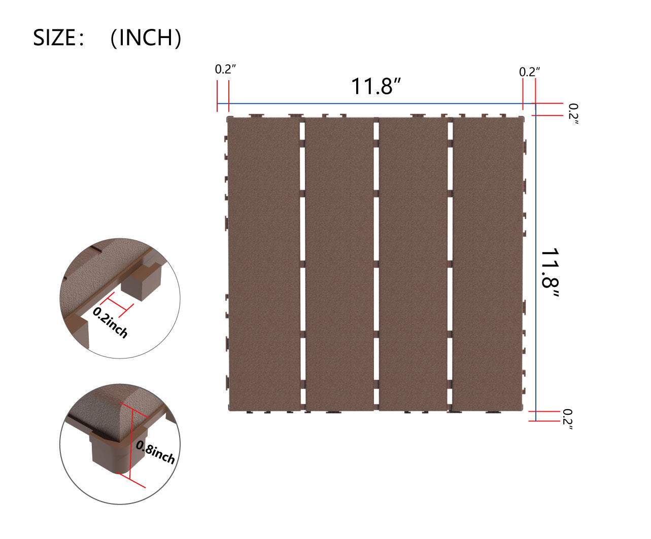 Plastic Interlocking Deck Tiles,44 Pack Patio Deck Tiles,12"X12" Square Waterproof Outdoor All Weather Use, Patio Decking Tiles For Poolside Balcony Backyard, Brown Brown Polypropylene