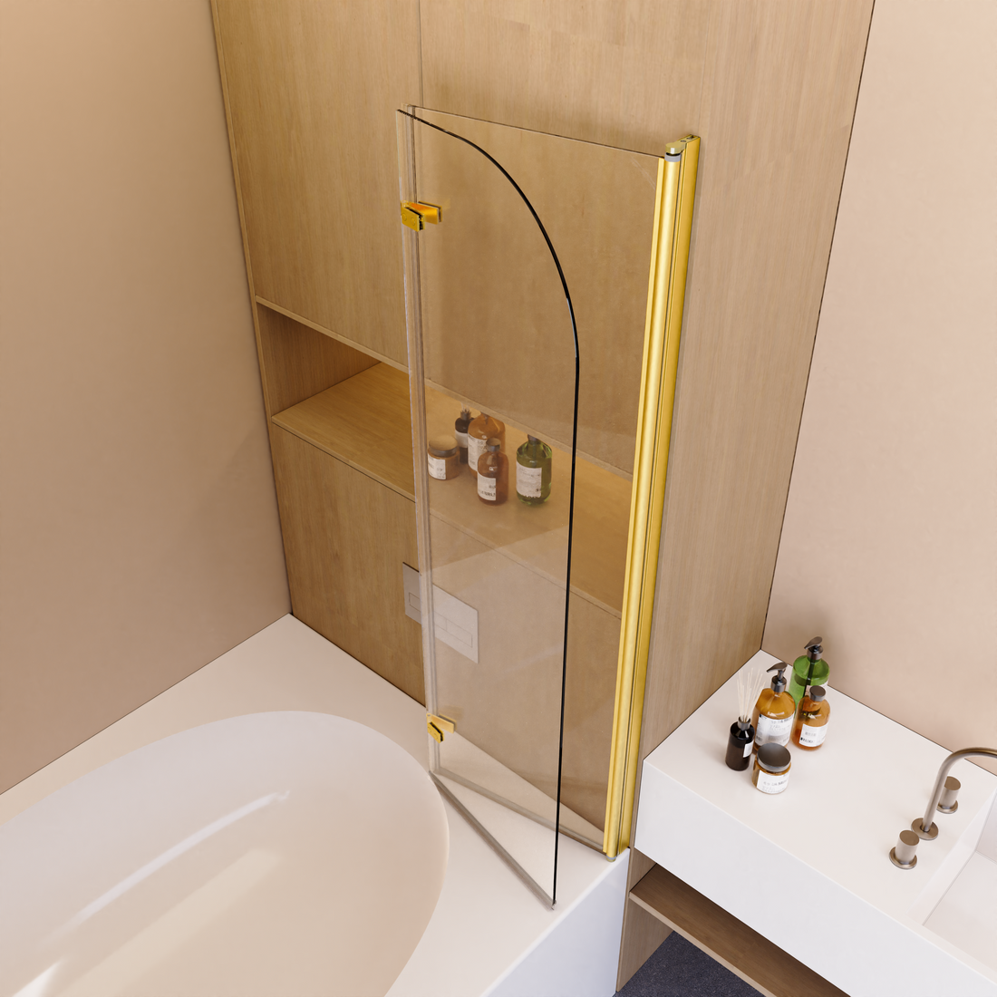 34" W X 58" H Frameless Folding Pivot Bathtub Door, 1 4" 6Mm Thick Sgcc Clear Tempered Glass Door, Bathroom Pivot Bifold Shower Tub Door Panel, Reversible Installation, Brushed Gold Finish Brushed Gold Glass Metal