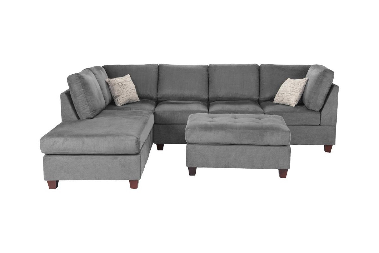 Contemporary 3Pc Reversible Sectional Sofa Set W Ottoman Grey Microfiber Cushion Sofa Chaise Ottoman Couch Pillows Grey Microfiber Wood Primary Living Space Cushion Back Contemporary,Modern L Shaped Rubberwood Particle Board 5 Seat