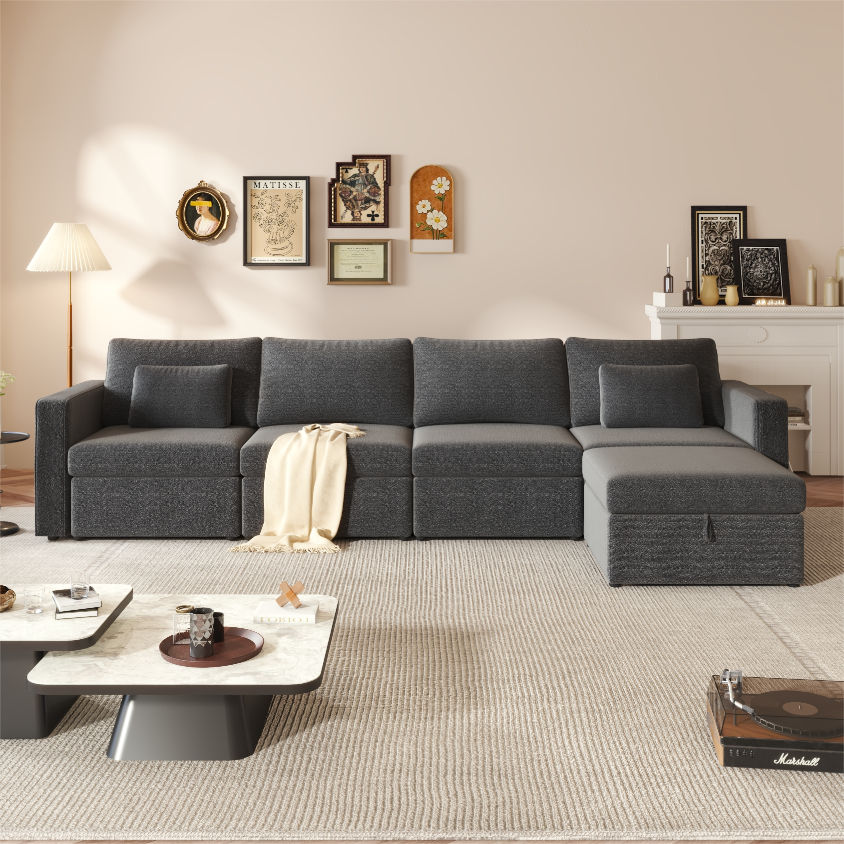 Modern Cotton Linen Modular Sectional Sofa, L Shape Convertible Sofa Set With Pillows, Oversized Sectional Couches With Storage Ottomans For Living Room, Loft, Apartment, Office Dark Gray 5 Seats Gray Wood Primary Living Space Medium Duty Pine 5 Seat