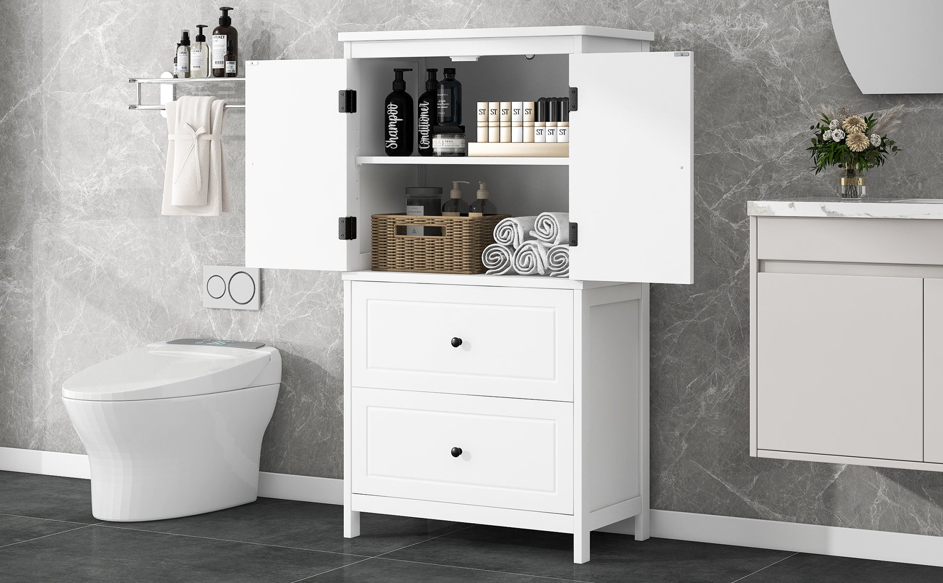 Bathroom Storage Cabinet, Cabinet With Two Doors And Drawers, Adjustable Shelf, Mdf Board, White White Mdf