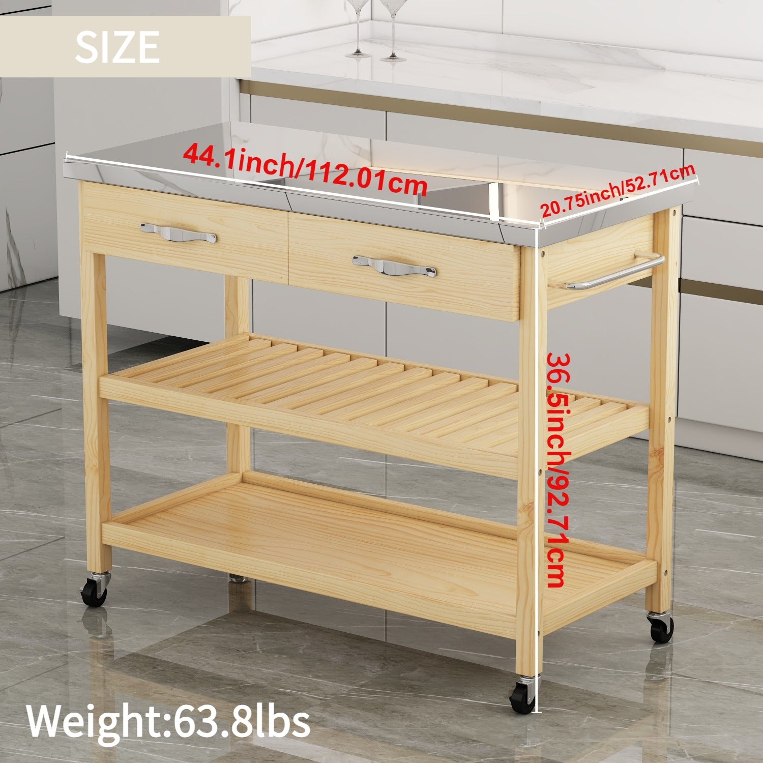 Stainless Steel Countertop Solid Wood Kitchen Cart With Storage Drawers And Shelves, Rotatable Kitchen Island With Steel Table Top And Tower Rack, Rolling Utility Trolley Cart For Kitchen And Dining Burly Wood Kitchen Classic,Contemporary Rectangular