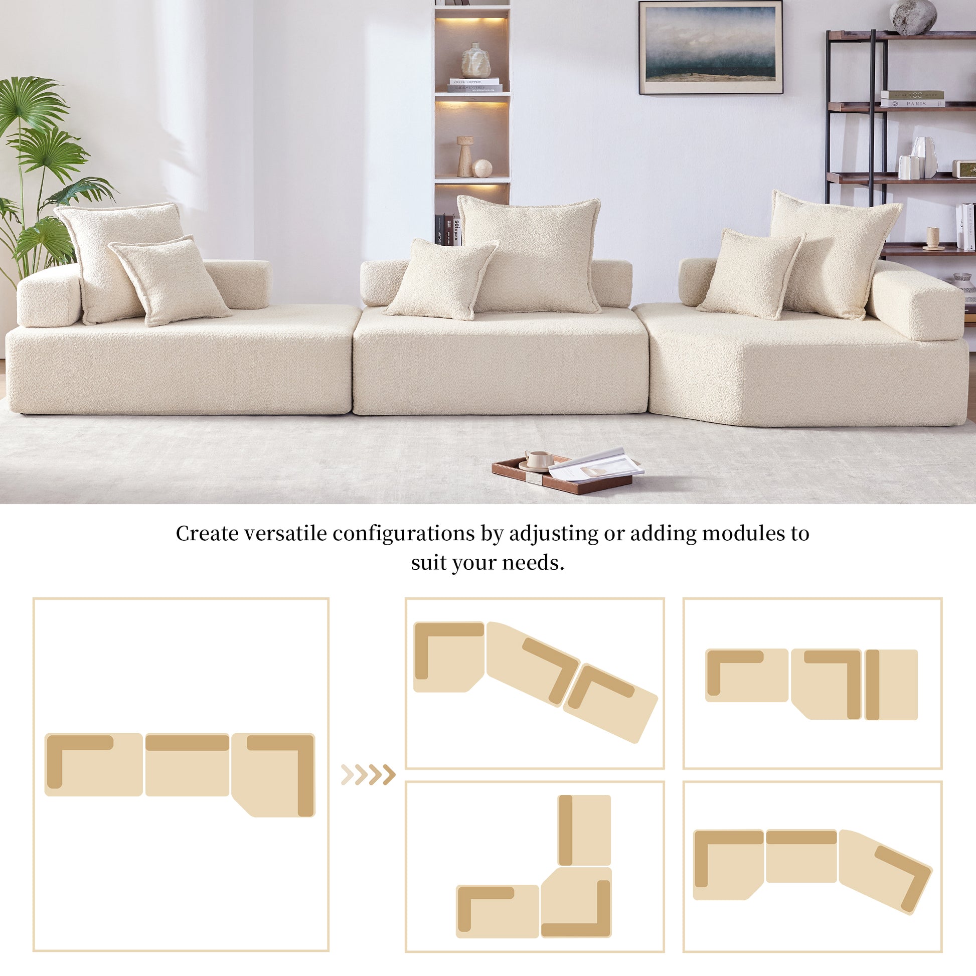 Oversized Modular Sectional Sofa,Luxury Boucle Floor Couch Set,Convertible Sleeper Couch,Spacious Foam Filled Sofa Bed For Living Room,3 Pc Free Combination,2 Colors Beige Boucle 5 Seat