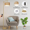 Gold Floor Lamps For Living Room With Remote & Dimmable Led Bulb, Modern Arc Floor Lamp With 3 Color Temperatures, Boho Standing Lamp With Rattan & Fabric Shades, Adjustable Tall Lamp For Bedroom Brown Gold Rattan Metal