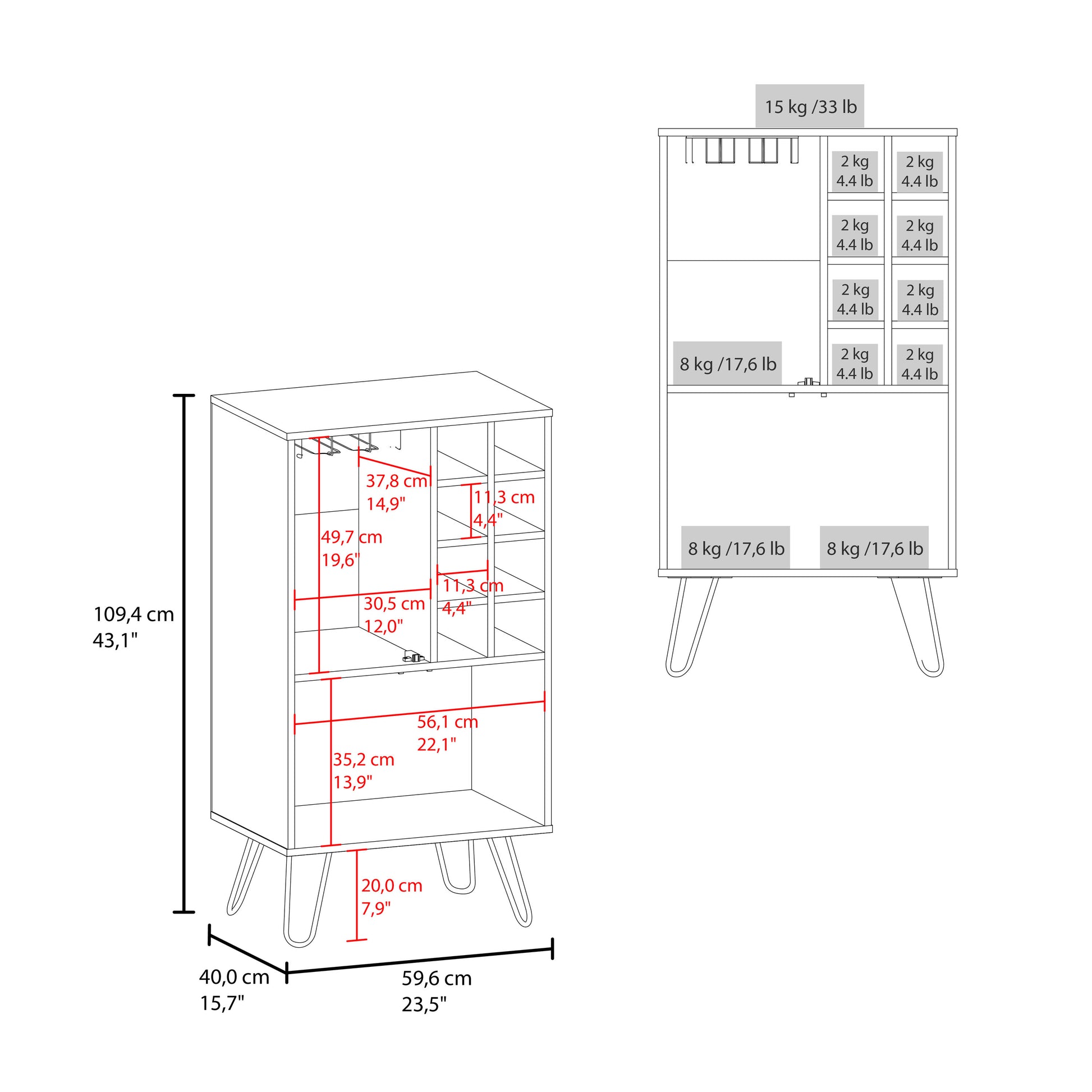 Aster 23" Wide Double Door Bar Cabinet And Glass Door Comparment, Eight Bottle Cubbies And Stemware White Washed Dining Room Modern Particle Board