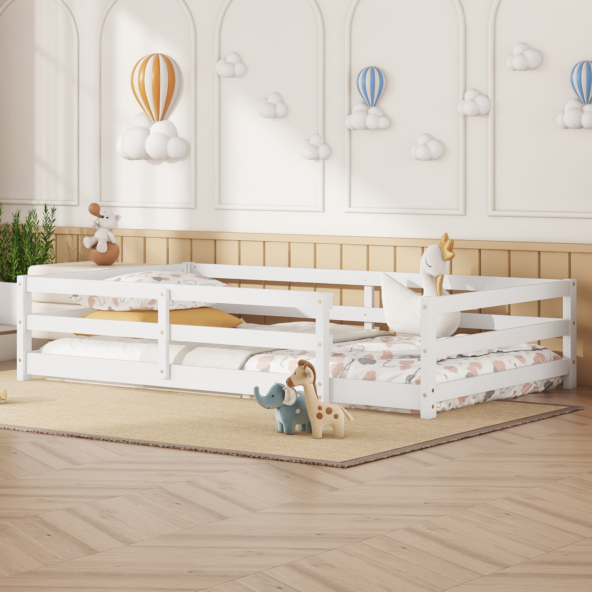 Twin Size Floor Bed, Montessori Floor Bed With Fence, Kids Montessori Bed Twin Size, Wood Montessori Floor Bed For Kids, Girls, Boys White White Wood Metal