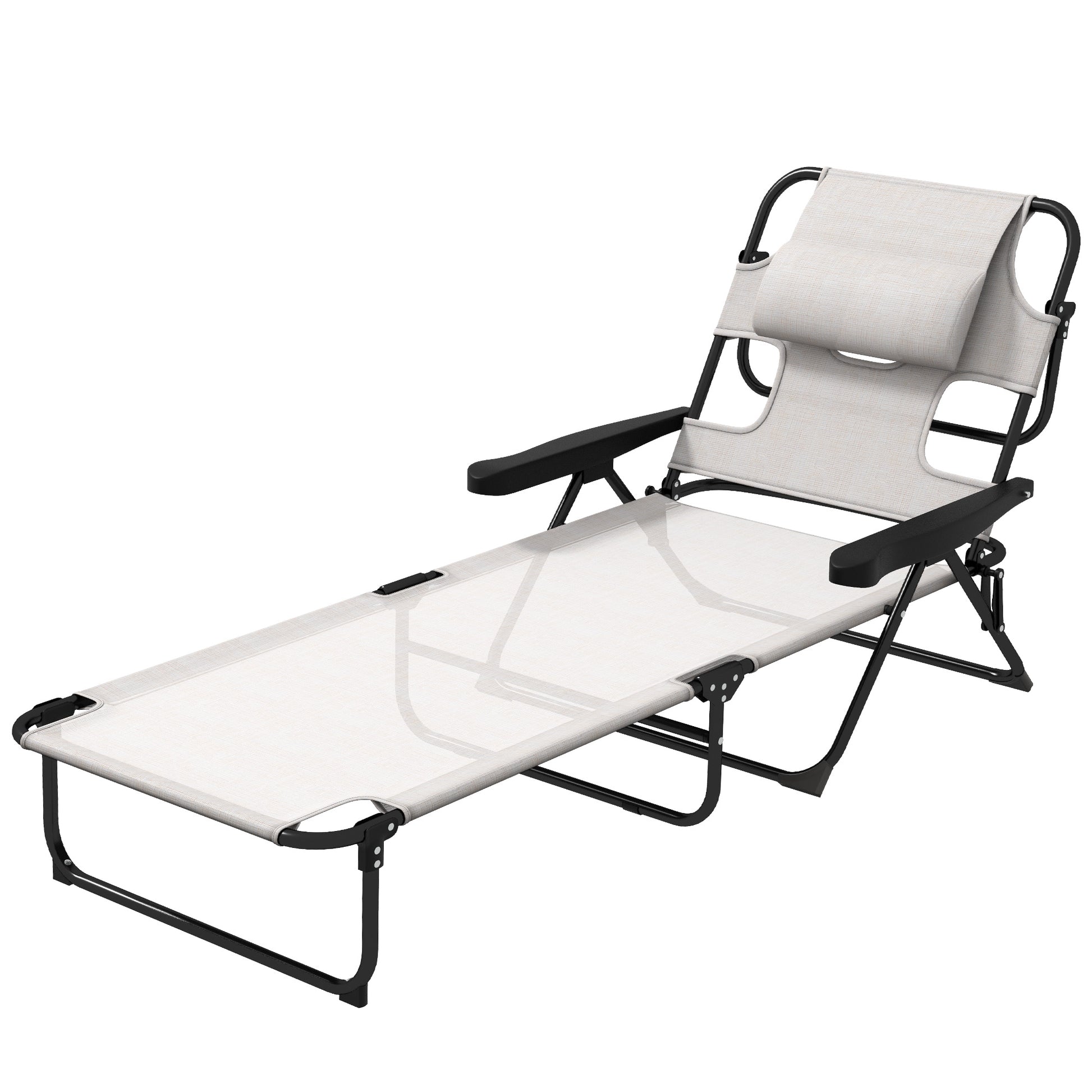 Outsunny Tanning Chaise Lounge Chair, 4 Position Beach Chair With Face & Arm Holes, Pillow Headrest, Adjustable Sunbathing Chair, Cream White Cream White Steel