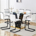 Table And Chair Set. A Rectangular Glass Dining Table With A 0.4 Inch Tempered Glass Tabletop And Mdf Board V Shaped Bracket, Paired With Chairs Consisting Of Pu Seat Cushions And Black Metal Legs. White Black Seats 6 Tempered Glass