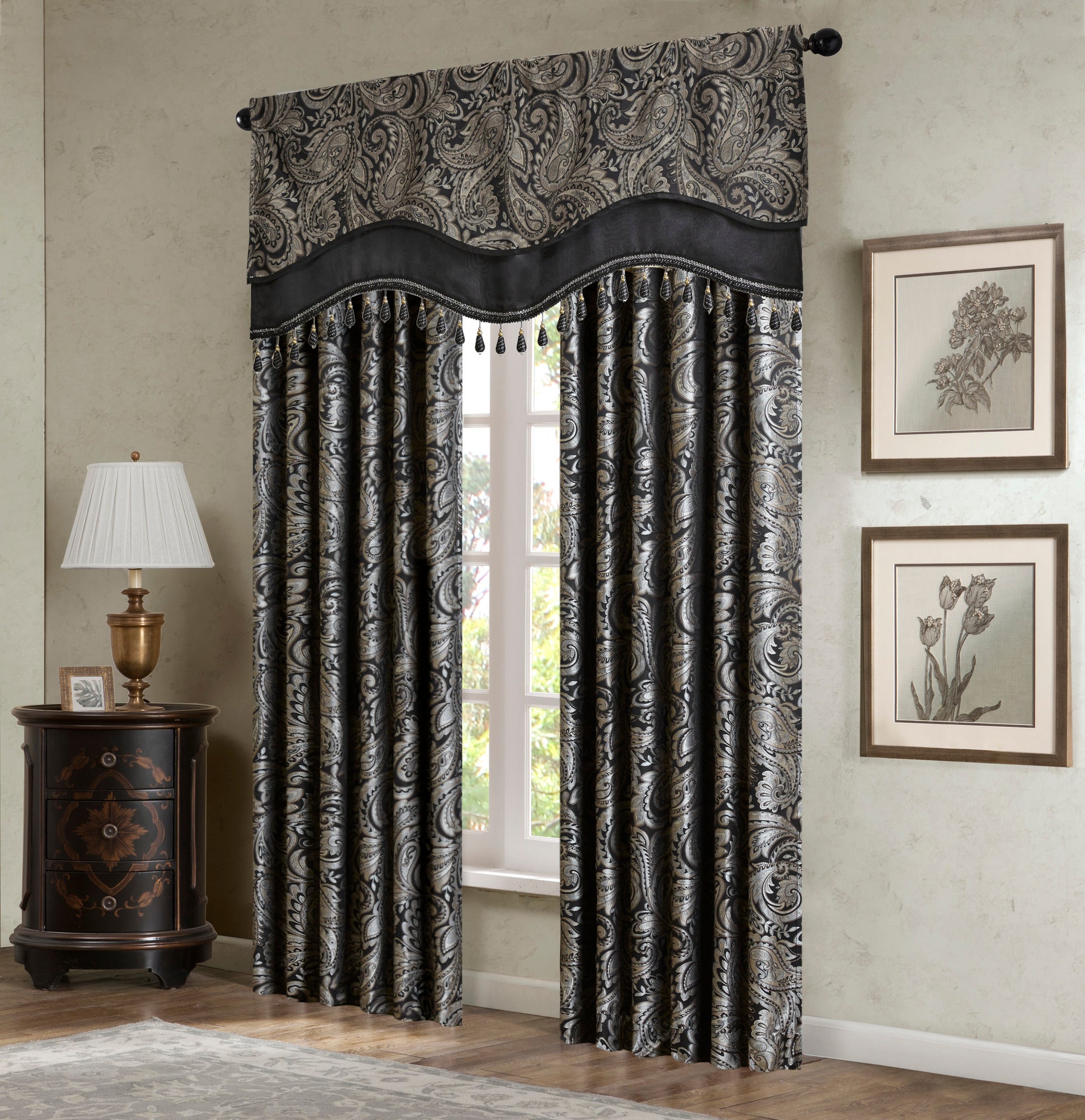 Jacquard Window Rod Pocket Valance With Beads Black 50X18" Black Polyester