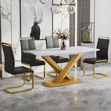 Table And Chair Set, The Table Is Equipped With A Marble Patterned Mdf Tabletop And Gold Table Legs.The Chair Is Equipped With Pu Synthetic Leather High Back Cushion And Gold Coated Metal Legs. Gold Black Seats 4 Mdf Metal