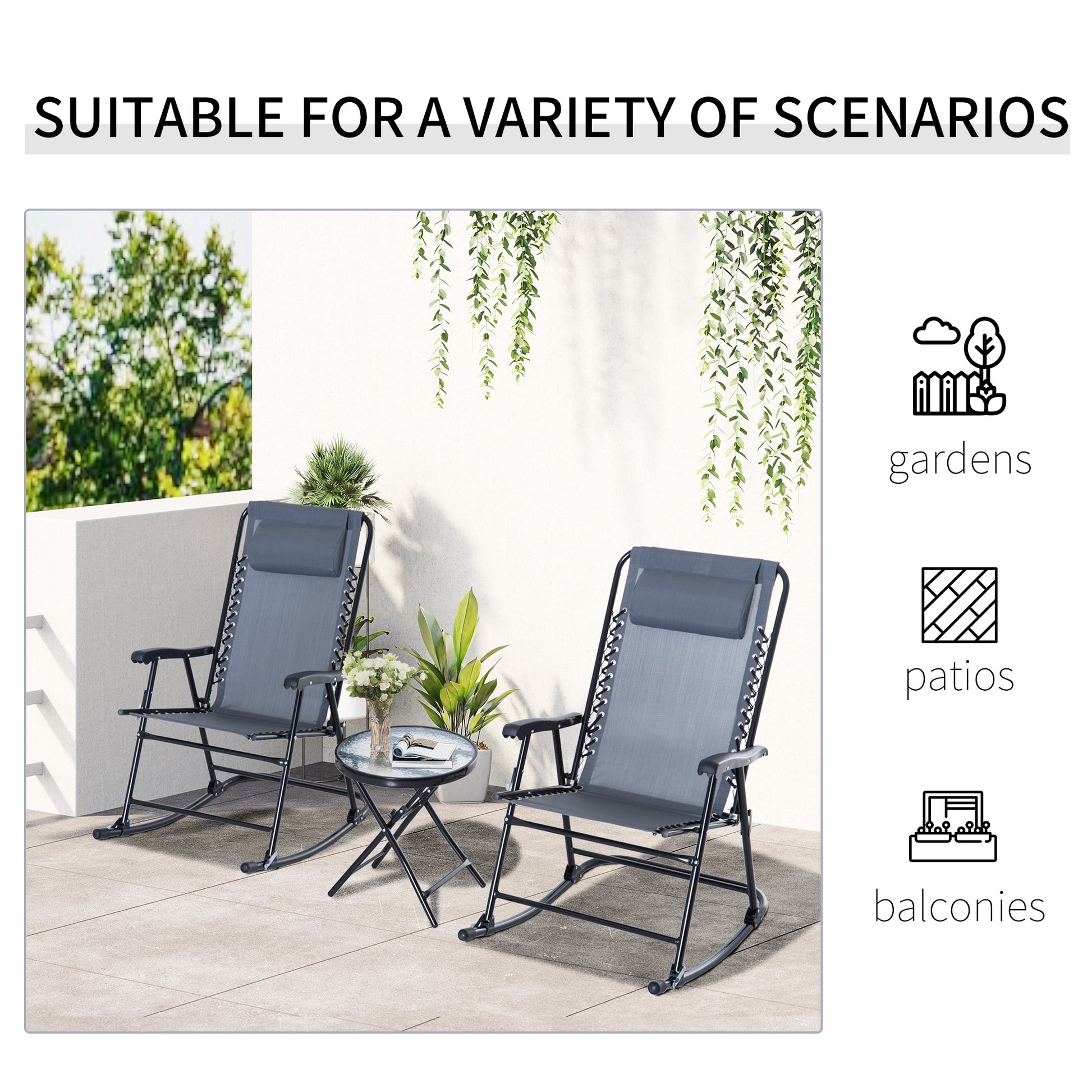 Outsunny 3 Piece Outdoor Rocking Bistro Set, Patio Folding Chair Table Set With Glass Coffee Table For Yard, Patio, Deck, Backyard, Grey Grey Fabric