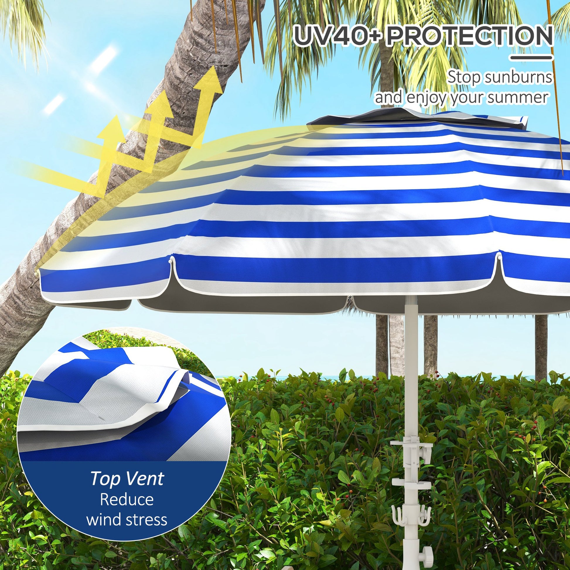 Outsunny 5.7' Portable Beach Umbrella With Tilt, Adjustable Height, 2 Cup Holders & Hooks, Uv 40 Ruffled Outdoor Umbrella With Vented Canopy, Blue White Stripe Colorful Polyester