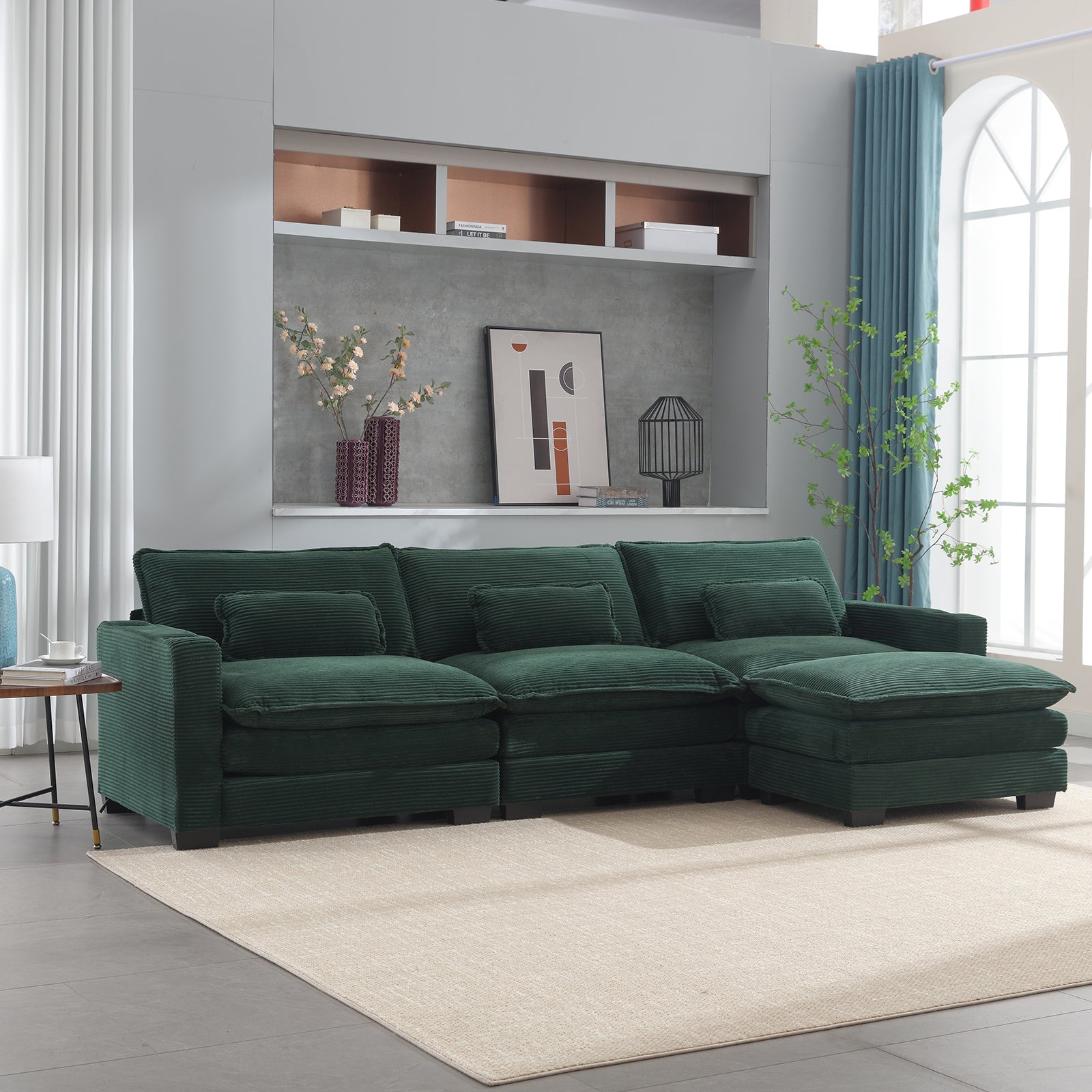 L Shape Sofa Couch With Usb & Cup Holders, Corduroy Stripe Fabric 3 Seater Sofa With 1 Ottoman, Green Green Wood 4 Seat