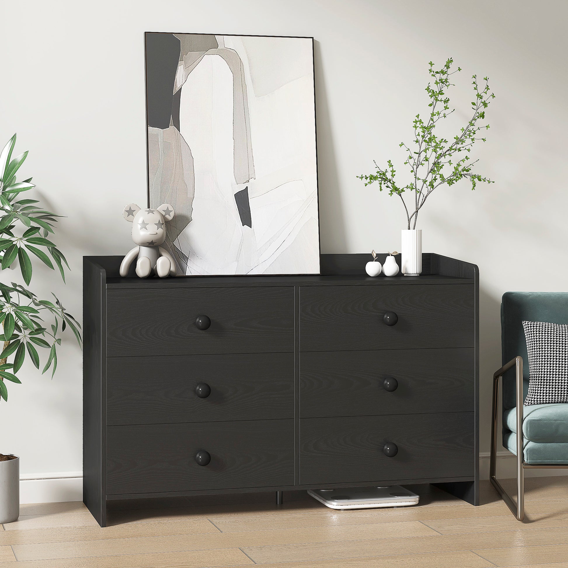 Chest Of Drawers Black Dresser6 Drawer Chest With Wide Storage, Modern Contemporary 6 Drawer Cabinet, Dresser For Bedroom Living Room Hallway Black Mdf