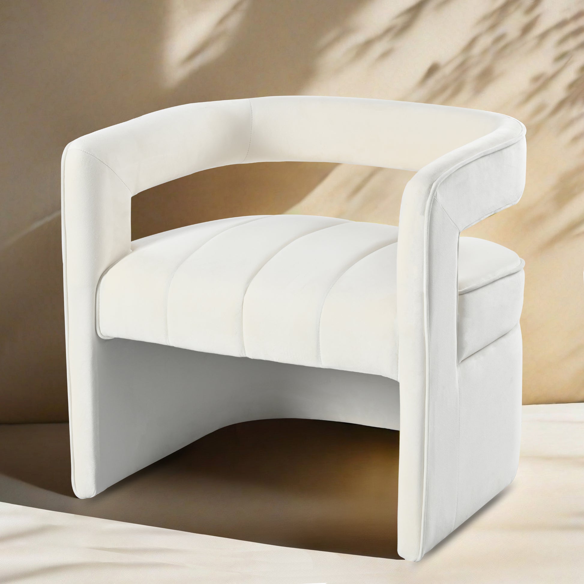Modern Velvet Accent Chair With Ribbed Detail, Luxury Curved Fully Upholstered Accent Chair, Ivory White No Assembly Needed Ivory White Velvet