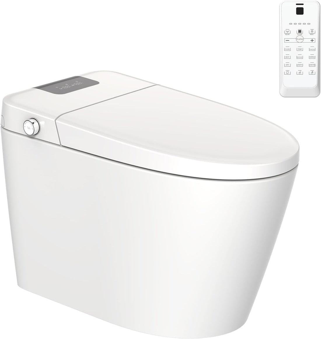 Smart Toilet Bidet Combo With Foot Sensor Open Cover Seat, Led Display, Self Cleaning Nozzle, Heated Seat, Night Light, Knob Control, Power Outage Flushing, Soft Close, Auto Flush, With Remote Control White Ceramic