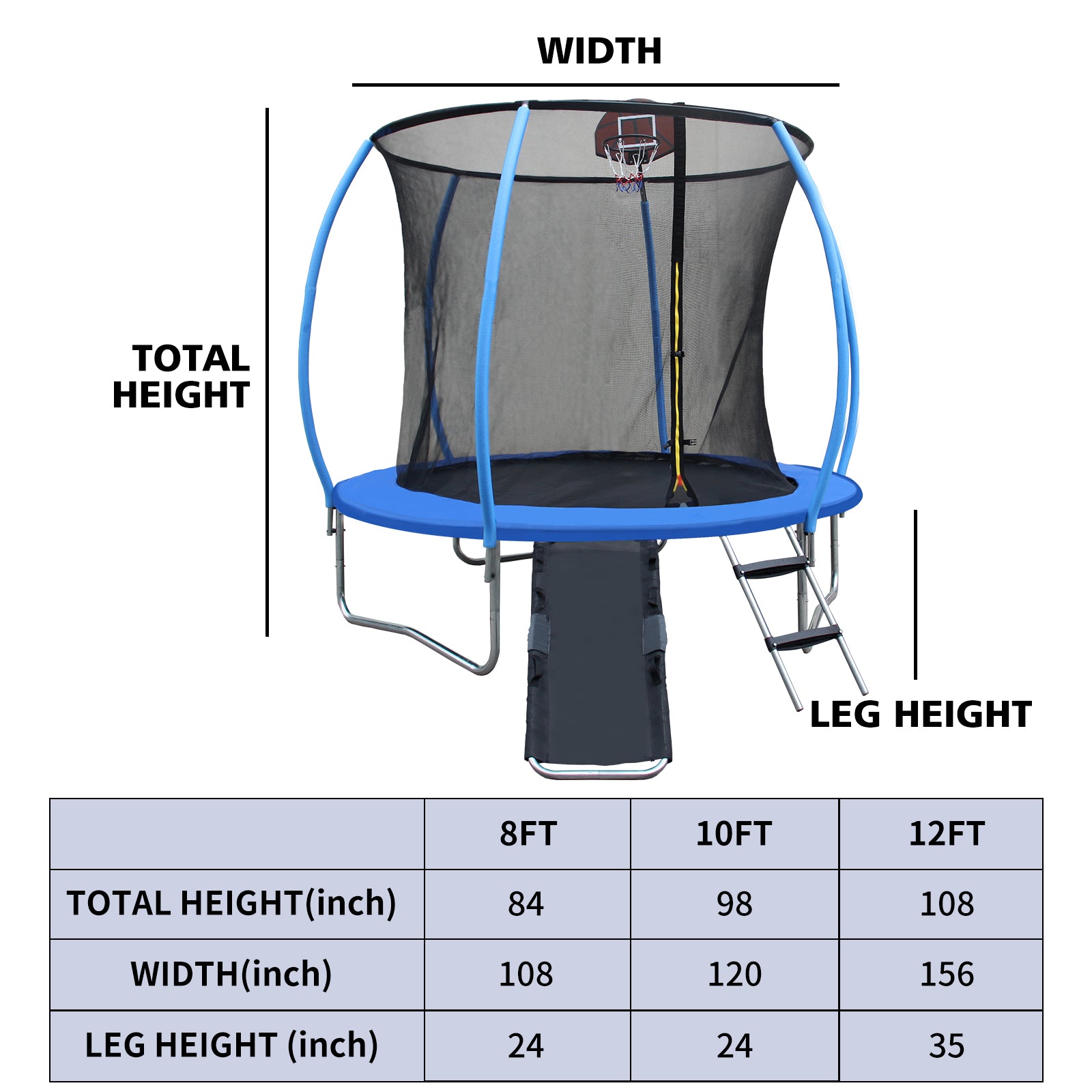 12Ft Trampoline With Enclosure Recreational Trampolines With Ladder And Anti Rust Coating, Pumpkin Shaped Trampoline With Slide And Basket Board, Astm Approval Outdoor Trampoline For Kids Black Blue