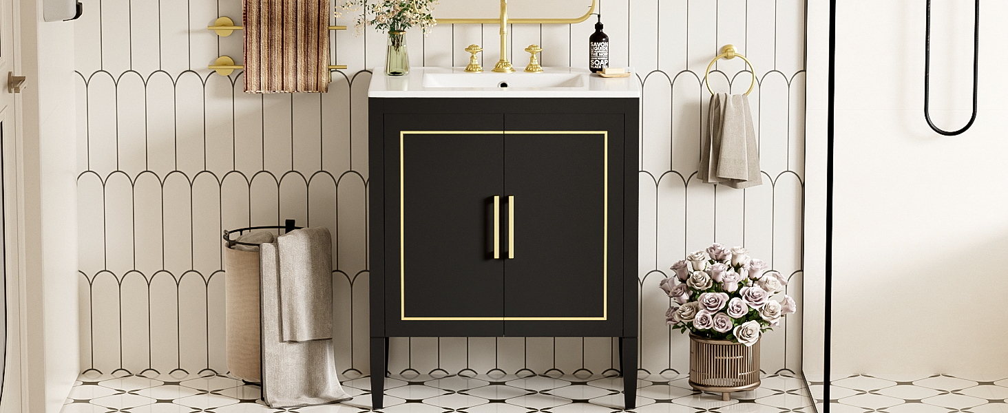 30 Inch Bathroom Vanity With Ceramic Basin, Soft Close Door, Built In Hidden Drawer Black Bathroom Solid Wood Mdf