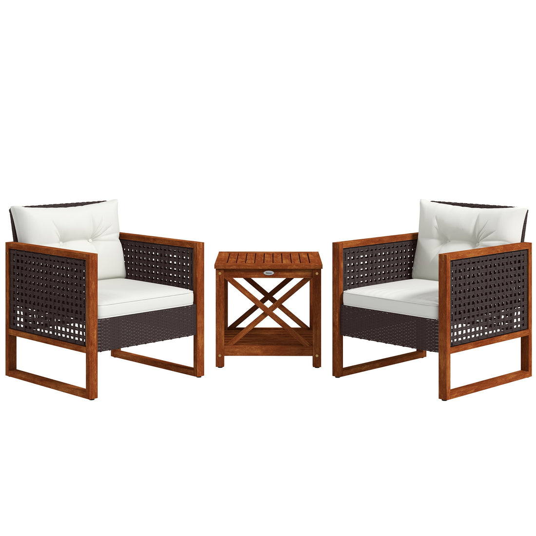 Outsunny 3 Pieces Patio Bistro Set Wooden With Cushions, Pe Wicker Patio Furniture Outdoor For Porch, Backyard, Garden, Brown Brown Rattan Metal