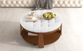 Modern Large Round Ottoman Coffee Table 2 Tier Oversized Button Tufted Ottoman With Wood Shelf Storage Upholstered Coffee Table For Living Room Footrest Ottoman With Wheel, Waterproof Linen Ivory White Rubber Wood