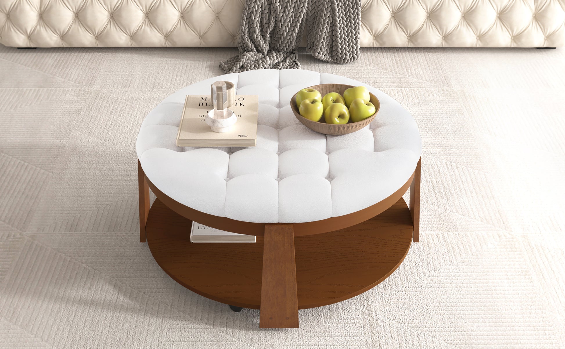 Modern Large Round Ottoman Coffee Table 2 Tier Oversized Button Tufted Ottoman With Wood Shelf Storage Upholstered Coffee Table For Living Room Footrest Ottoman With Wheel, Waterproof Linen Ivory White Rubber Wood