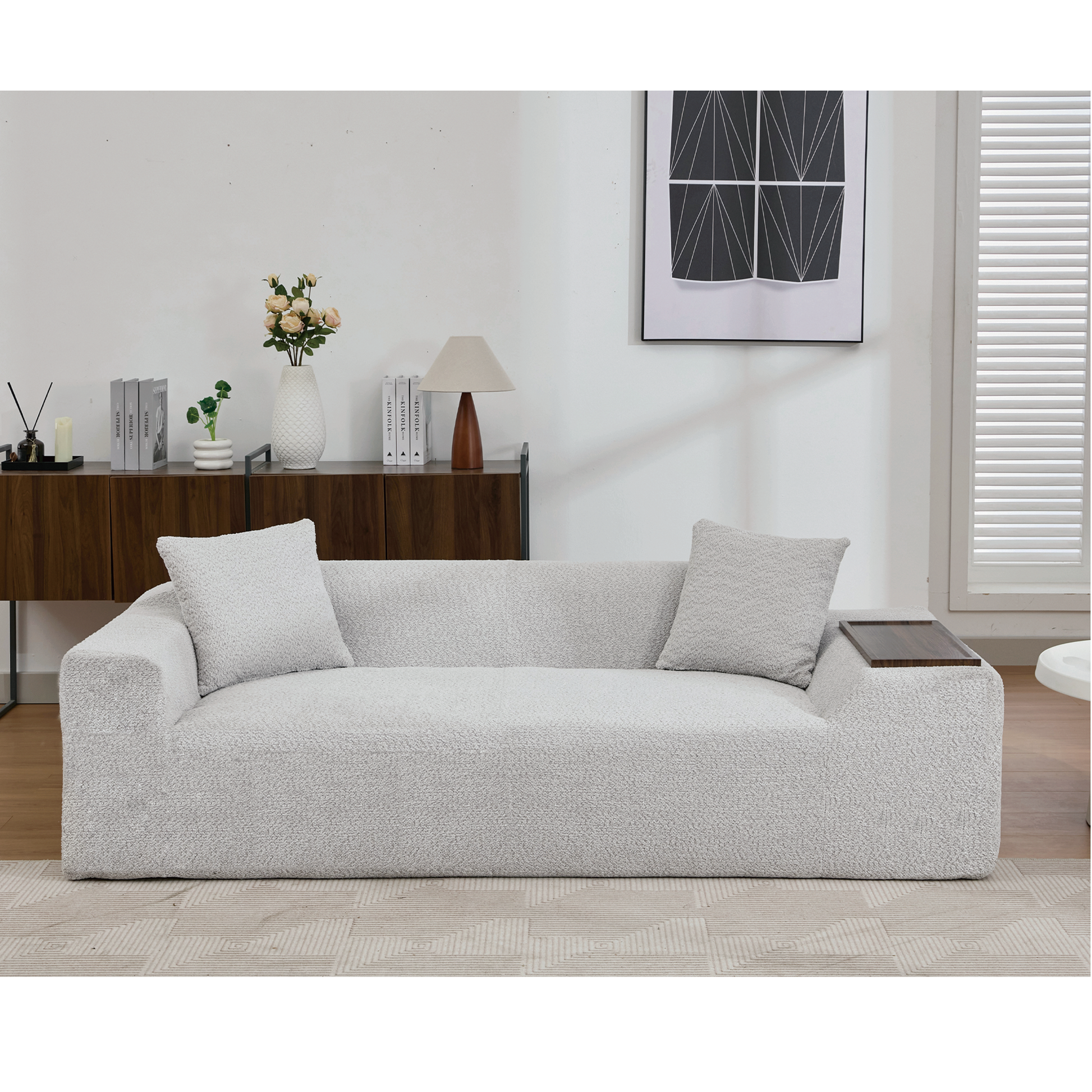Arrived 2 Piece Boucle Cloud Sofa Set, Upholstered Sofa Set, Modern 3 Seater And 2 Seater Sofa With Mdf End Table For Living Room ,Apartment,3 2 Couch,Boucle, Light Gray Light Gray Polyester Primary Living Space Soft Tight Back Modern Square Arms Foam