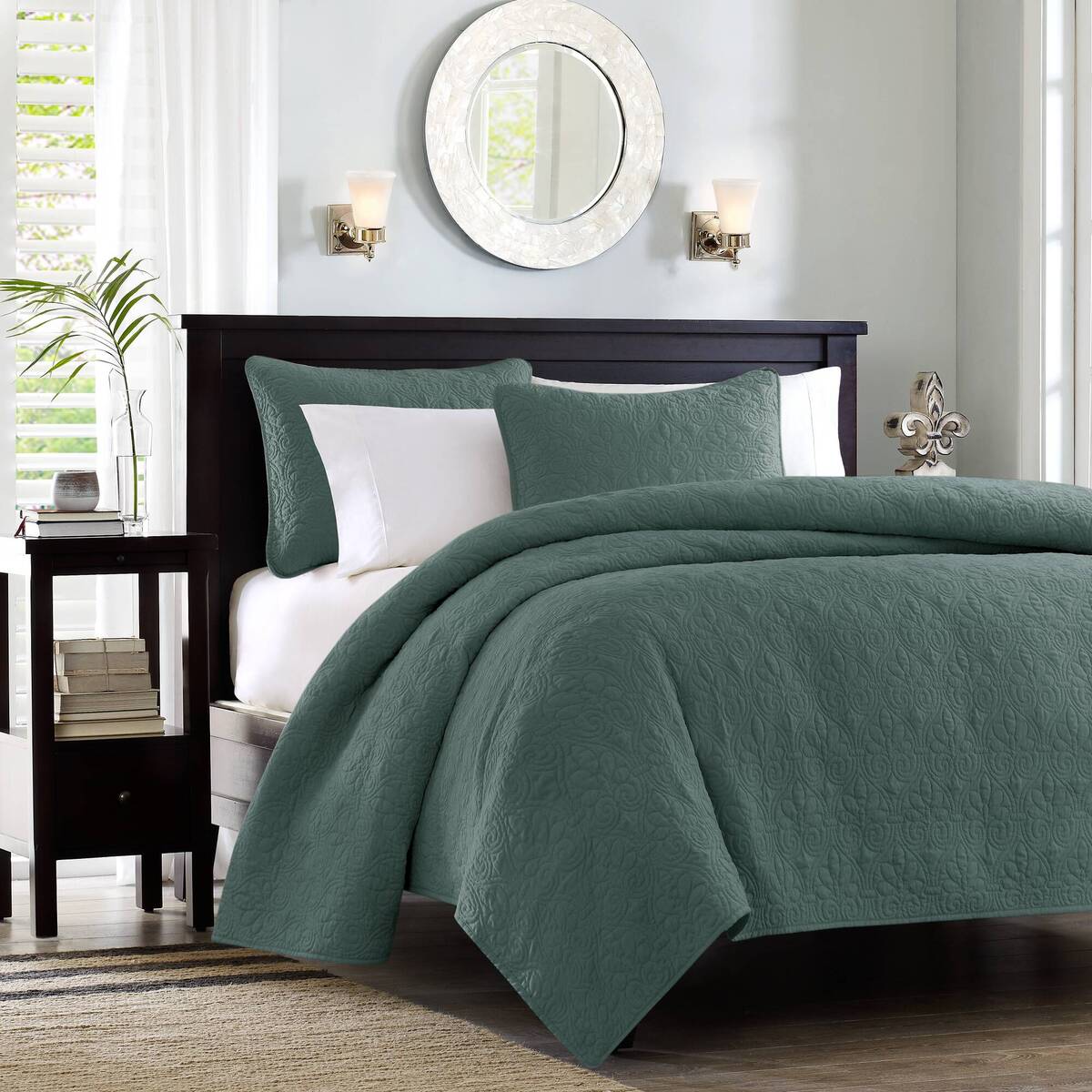3 Piece Reversible Bedspread Set Balsam Green King Green Polyester
