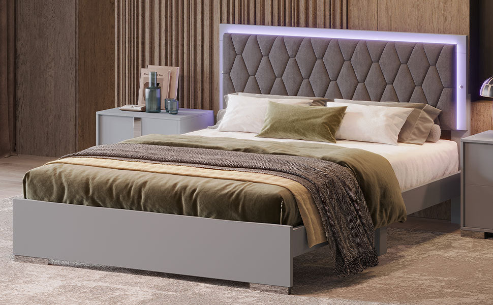 Queen Size Upholstered Bed With Led Lights,Modern Platform Bed With Velvet Headboard,Grey Queen Grey Mdf