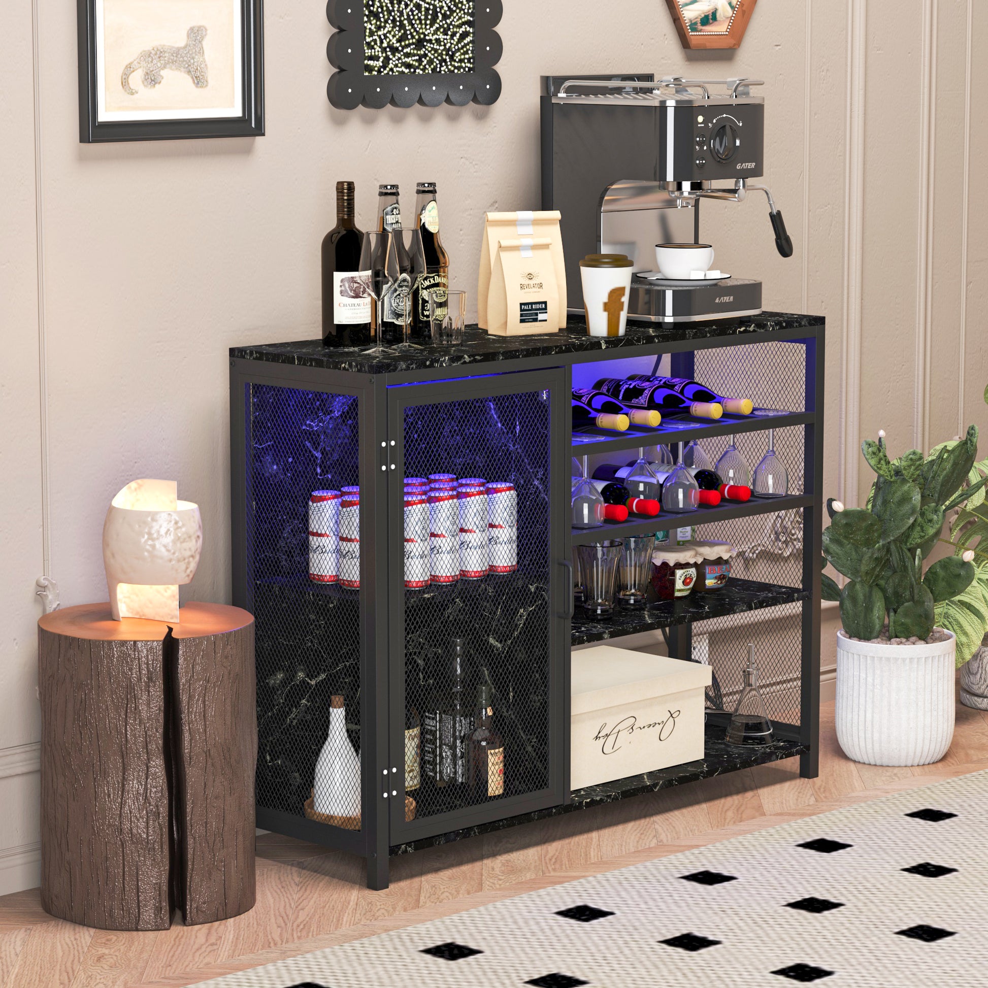 Bar Cabinet,Wine Bar Cabinet,Liquor Storage Credenza,Sideboard With Wine Racks & Stemware Holder,With Uab Socket,Metal Bracket,Canbeplacedin Familybars,Hallways,Living Rooms,Color:Black Marble Texture 3 4 Spaces Black Primary Living Space Built In