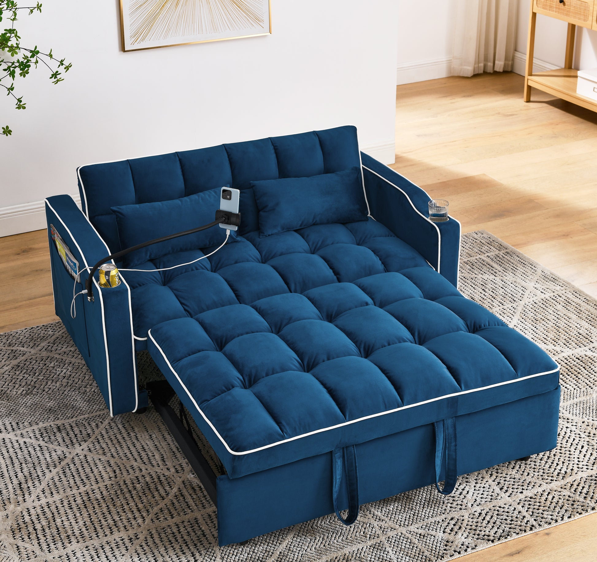 55.51 Inch Versatile Foldable Sofa Bed In 3 Lengths, Modern Sofa Sofa Sofa Velvet Pull Out Bed, Adjustable Back And With Usb Port And Ashtray And Swivel Phone Stand Blue Full Blue Primary Living Space American Design,American Traditional,Traditional