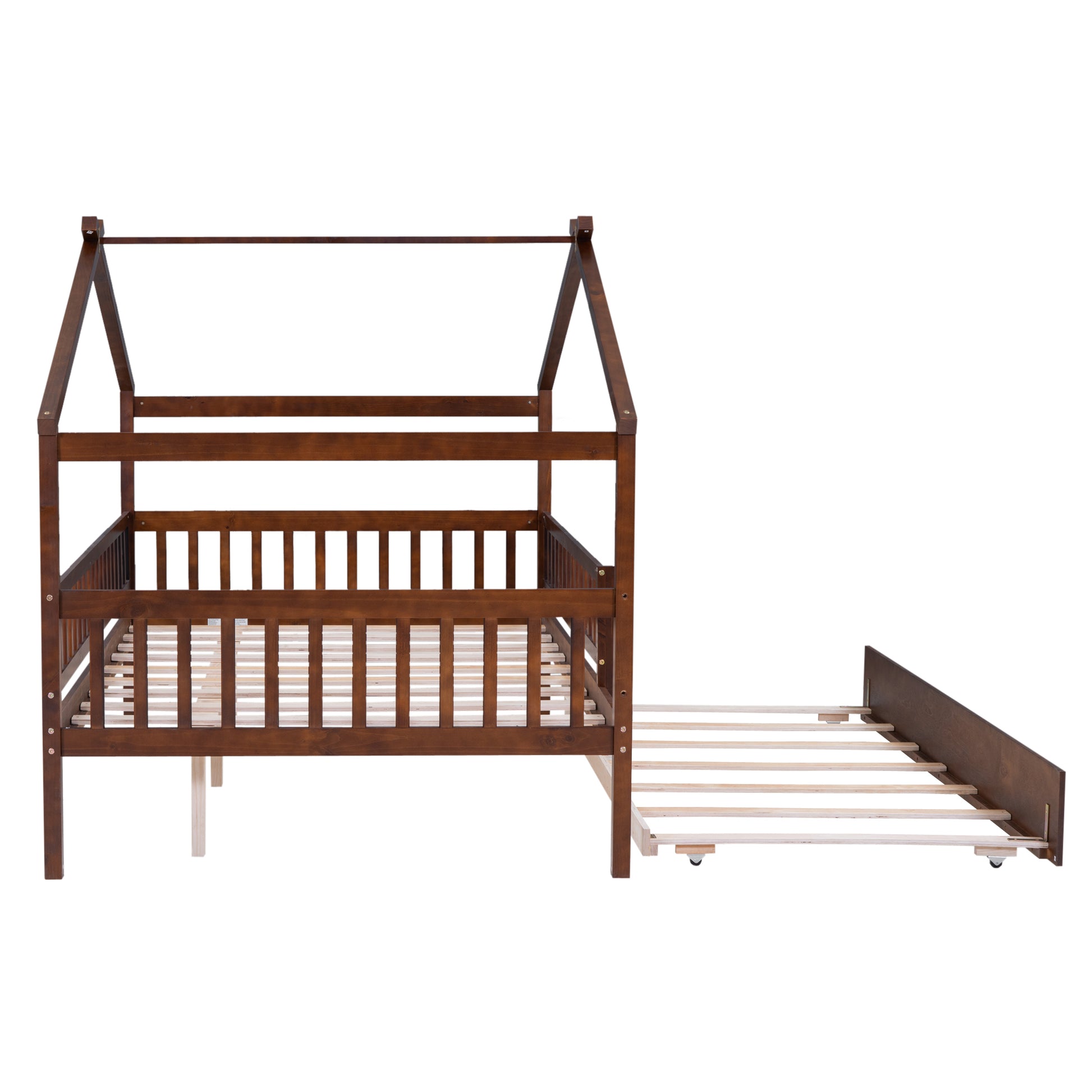 Full Size Wooden House Bed With Twin Size Trundle, Walnut Full Walnut Solid Wood Mdf