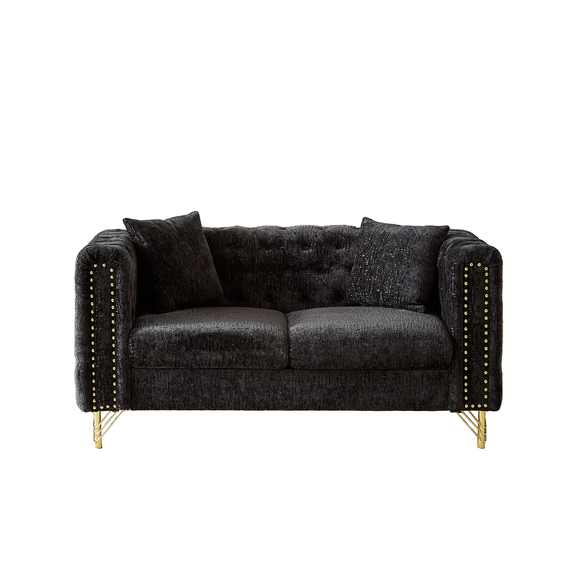 60 Inch Chenille Pull Buckle Design Sofa For Living Room,Buttons Tufted With Copper Nail Decoration Armrest, Modern Couch Upholstered Button And Metal Legs Black Foam Chenille 2 Seat