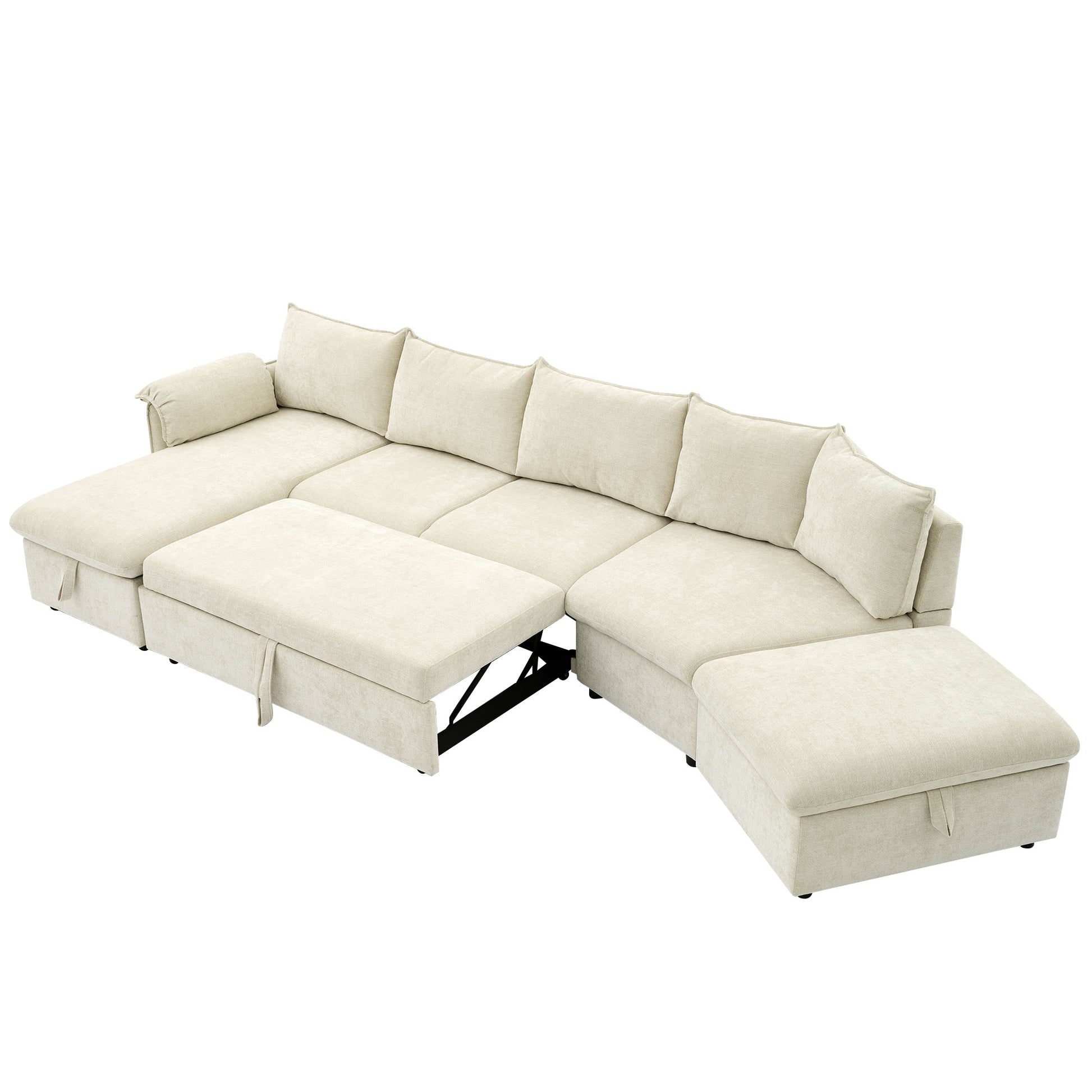 146.9" L Shaped Sofa Sectional Sofa Couch Pull Out Sofa Bed With A Movable Storage Ottoman, A Storage Chaise Lounge And Two Usb Ports For Living Room, Beige Beige Foam Linen 5 Seat