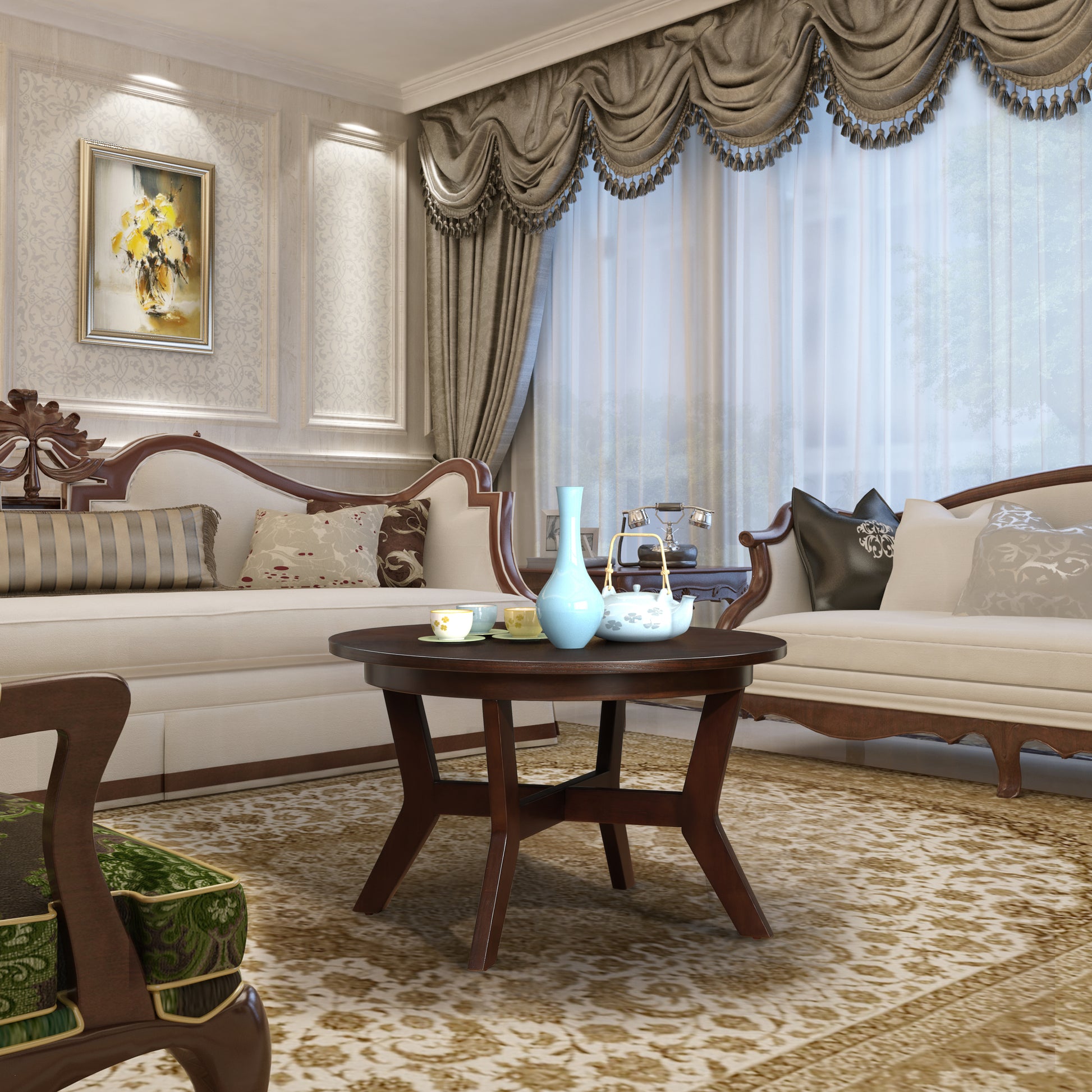 32Inch Wood Round Coffee Table For Living Room,Mid Century Farmhouse Circle Wooden Coffee Tables For Apartment, Easy Assembly, Espresso Espresso Rubber Wood