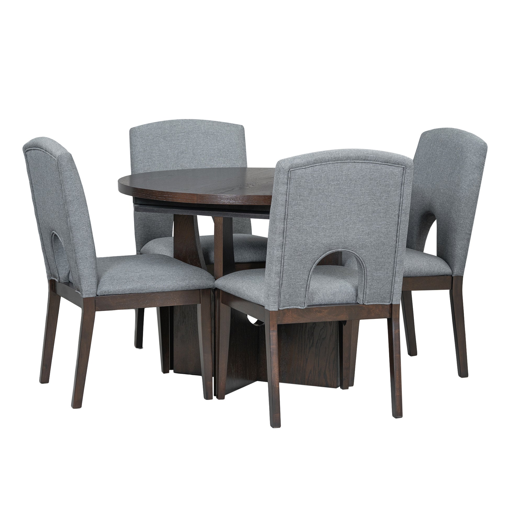 Modern 5 Piece Extendable Round Dining Table Set With 16.2Inch Removable Leaf For Small Places, Espresso Gray Wood Dining Room Solid Wood Rubberwood Round Dining Table With Chair Upholstered Chair Wood Espresso Seats 4 Removable Leaf Contemporary Round