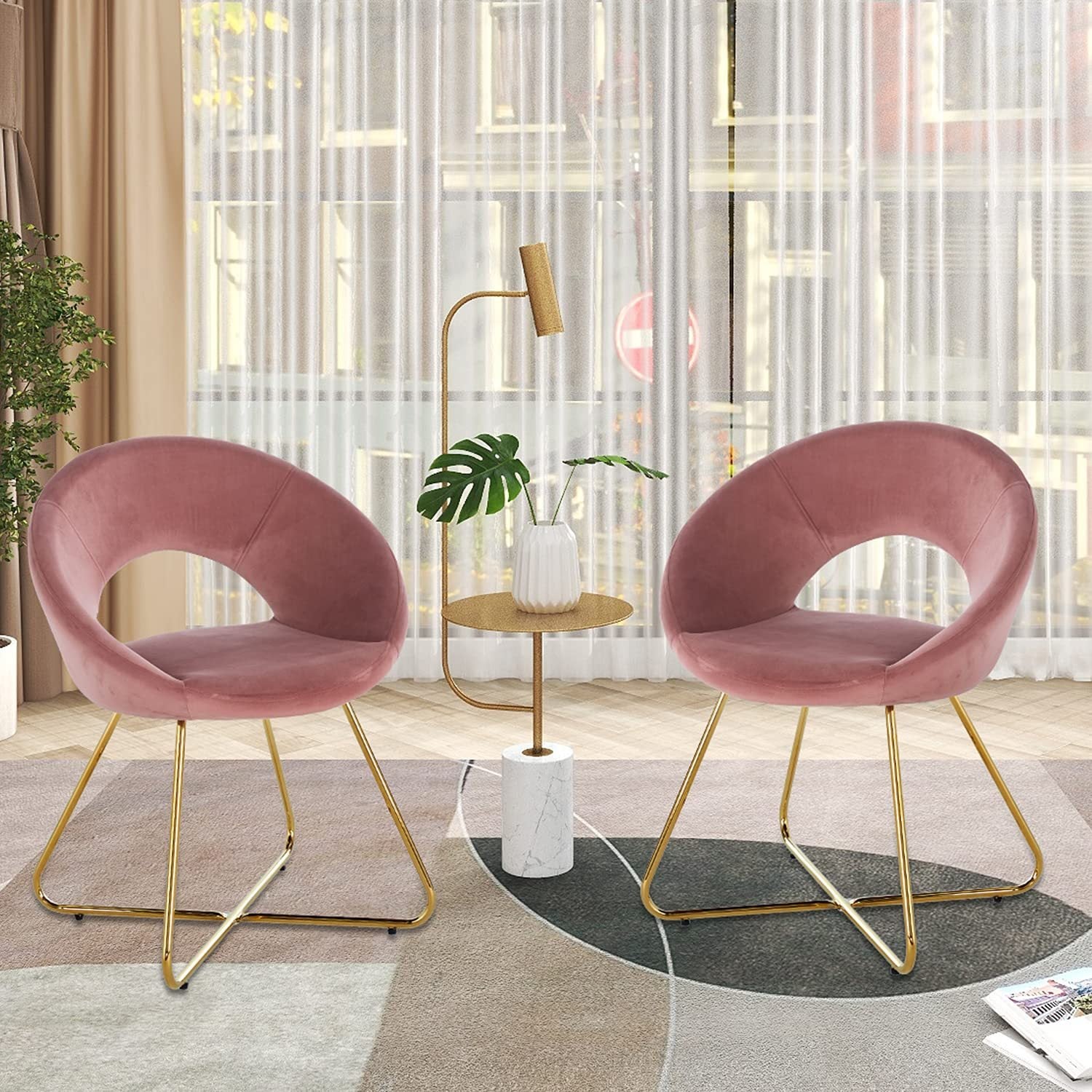 Modern Accent Velvet Chairs Set Of 2 Dining Chairs Single Sofa Comfy Upholstered Arm Chair Living Room Furniture Mid Century Leisure Lounge Chairs With Golden Metal Frame Legs Pink Velvet