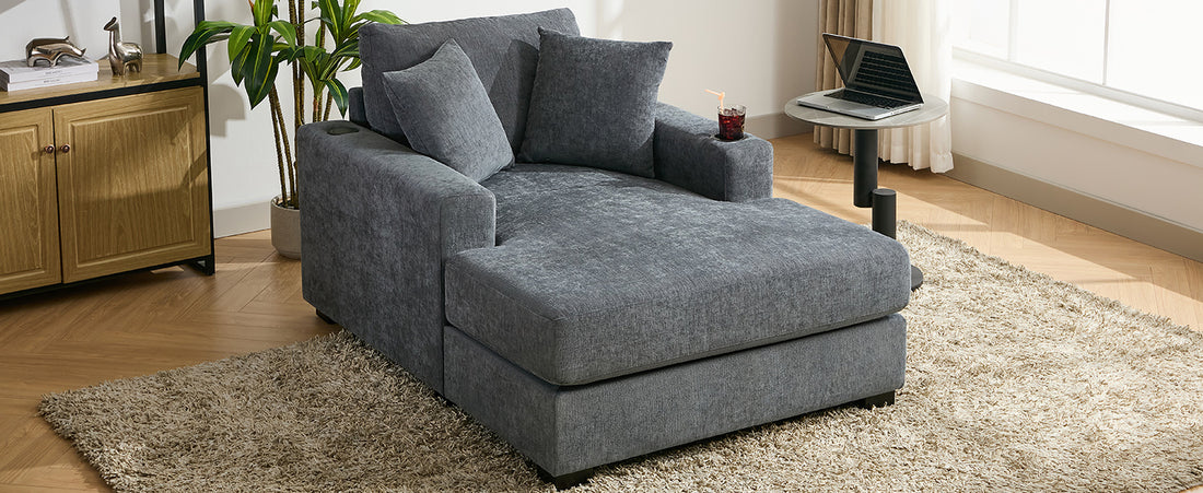 43.5" Oversized Chaise Lounger Modern Style Sofa Couch ,With Pillows, Charge Station & Cup Holders, Chenille Fabric, Blue Gray Blue Gray Chenille