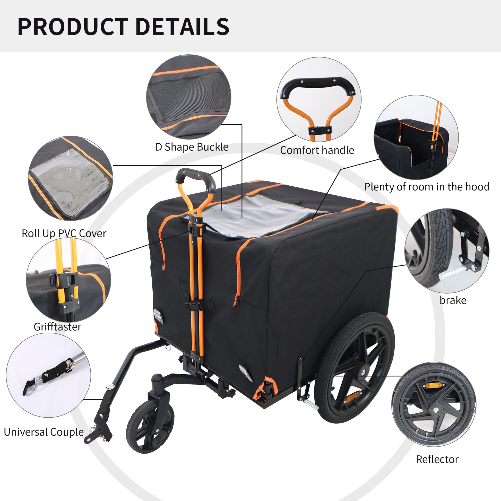 Foldable Pet Jogging Stroller Dog Carriers Bicycle Trailer Pet Dog Cat Bike Trailer Orange And Black Ideal For Small Pets Black Oxford Fabric Metal