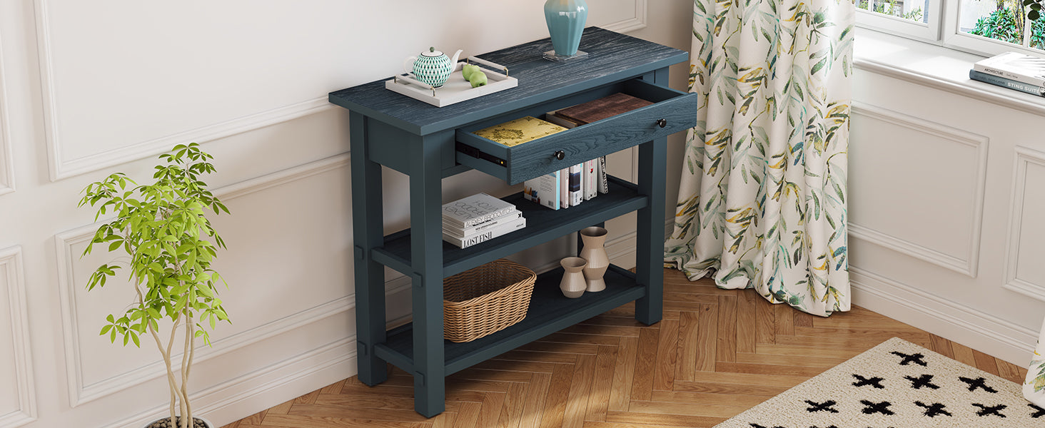 Retro Console Table With Drawer And Two Sturdy Shelves For Entryway, Living Room Navy Navy Mdf,Rubber Wood