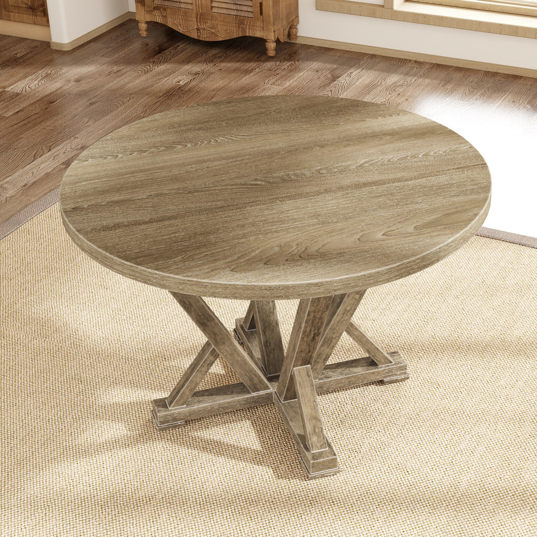 Modern Farmhouse Round Dining Table 45.7Inch Solid Wood Rubberwood Antique Finishing Rustic Look Distressed Look Wire Brushed For 4 Seaters Grayish Brown Light Brown Distressed Finish Dining Room Antique,Farmhouse,French Country,Rustic,Vintage Rubberwood