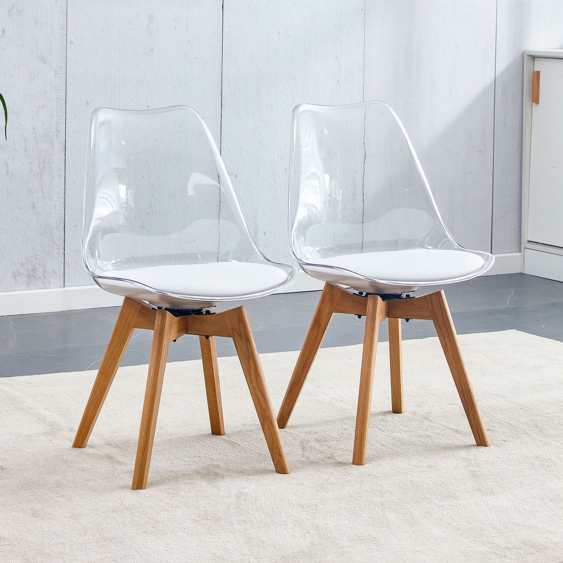 Modern Chairs Can Rotate 360 Degrees. The Backrest Is Made Of Pet Material, The Seat Cushion Is Made Of Pu Material, And The Support Legs Are Made Of Oak. Set Of 4 White Wood