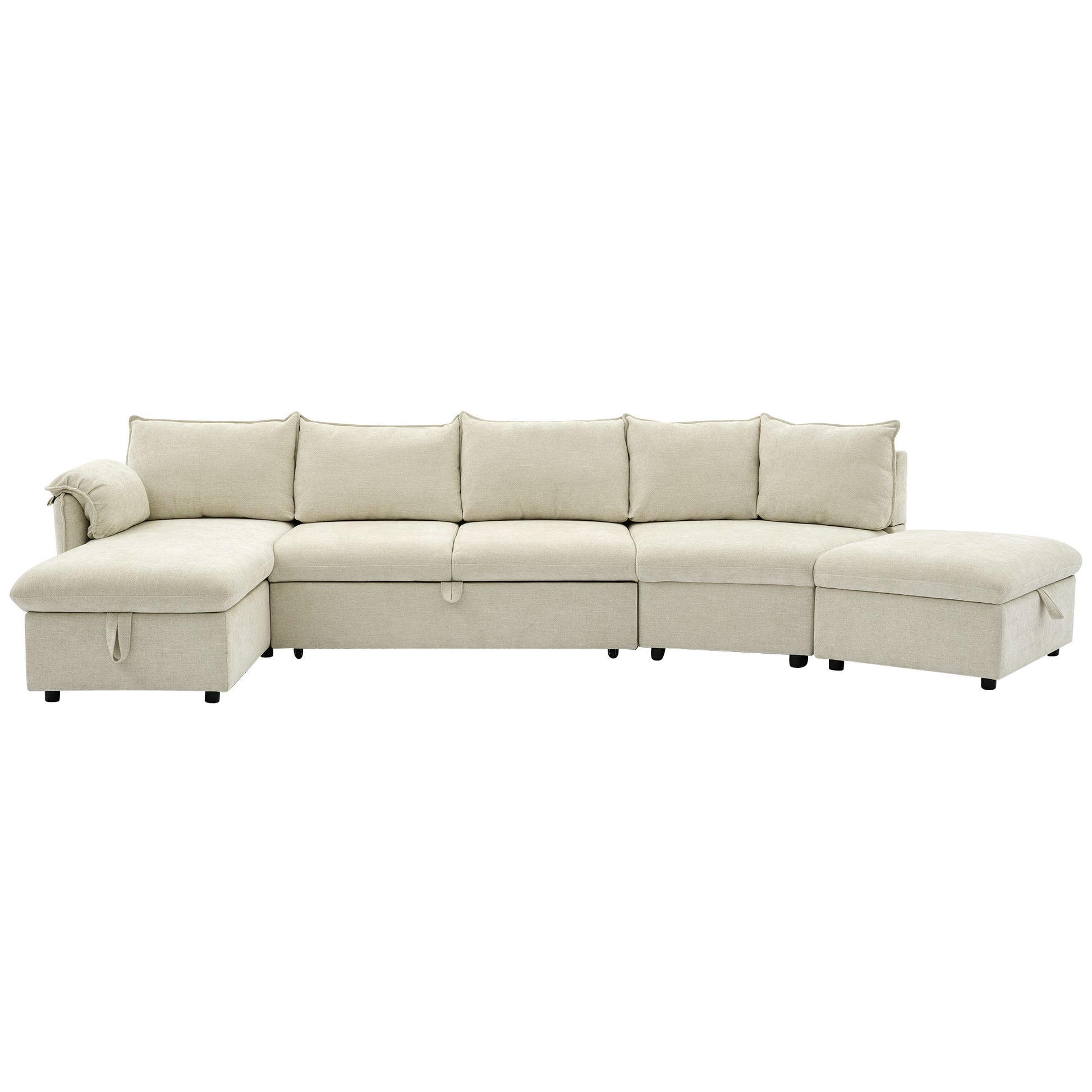 146.9" L Shaped Sofa Sectional Sofa Couch Pull Out Sofa Bed With A Movable Storage Ottoman, A Storage Chaise Lounge And Two Usb Ports For Living Room, Beige Beige Foam Linen 5 Seat