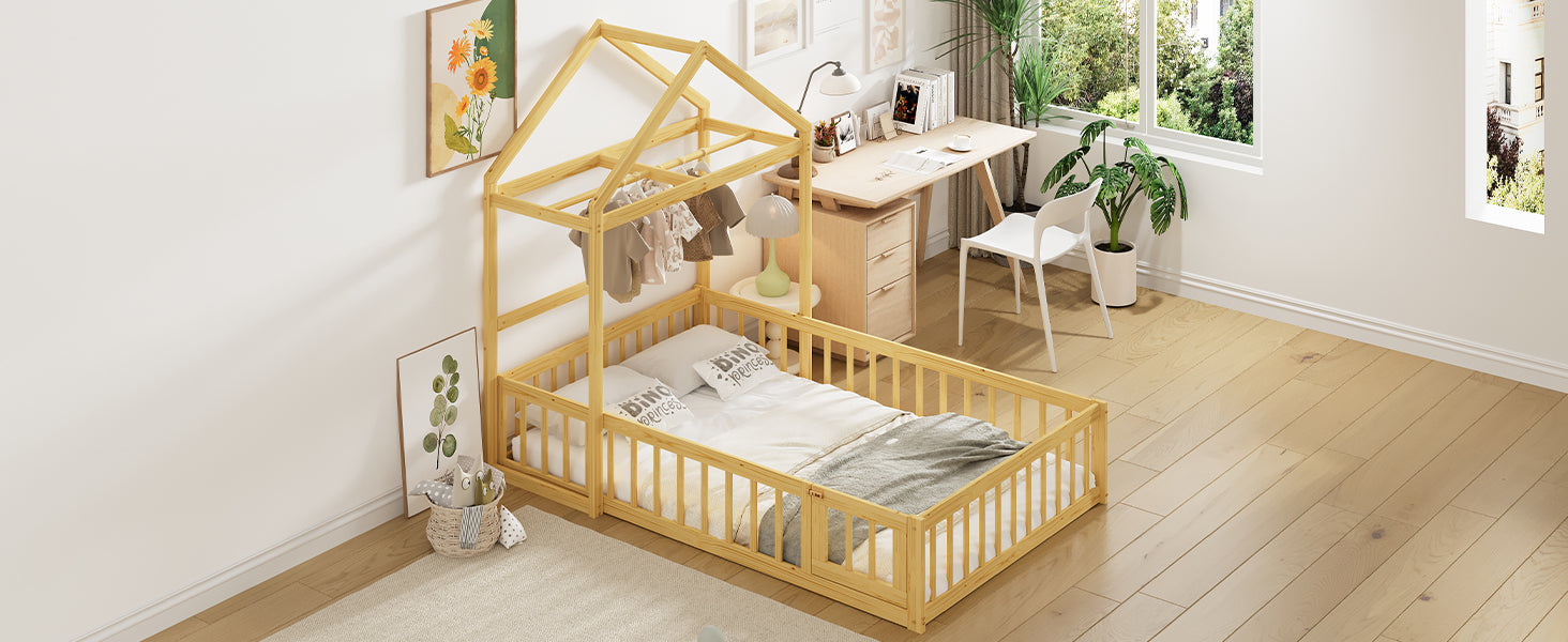 Wooden Floor Bed With Fence Railings And Detachable House Shape Headboard, Twin Size Bed With Kids Dress Up Rack, Kids Montessori Style Playhouse Frame For Girls Boys, Natural Twin Natural Wood