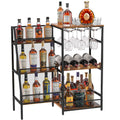 Versatile Liquor Stand For Home Bar, Wine Rack Freestanding Floor, Mini Bar Table For Liquor Whiskey Wine, 3 Tier Trapezoidal Liquor Bottle Display Shelf With Glass Holder And Fences Walnut Black