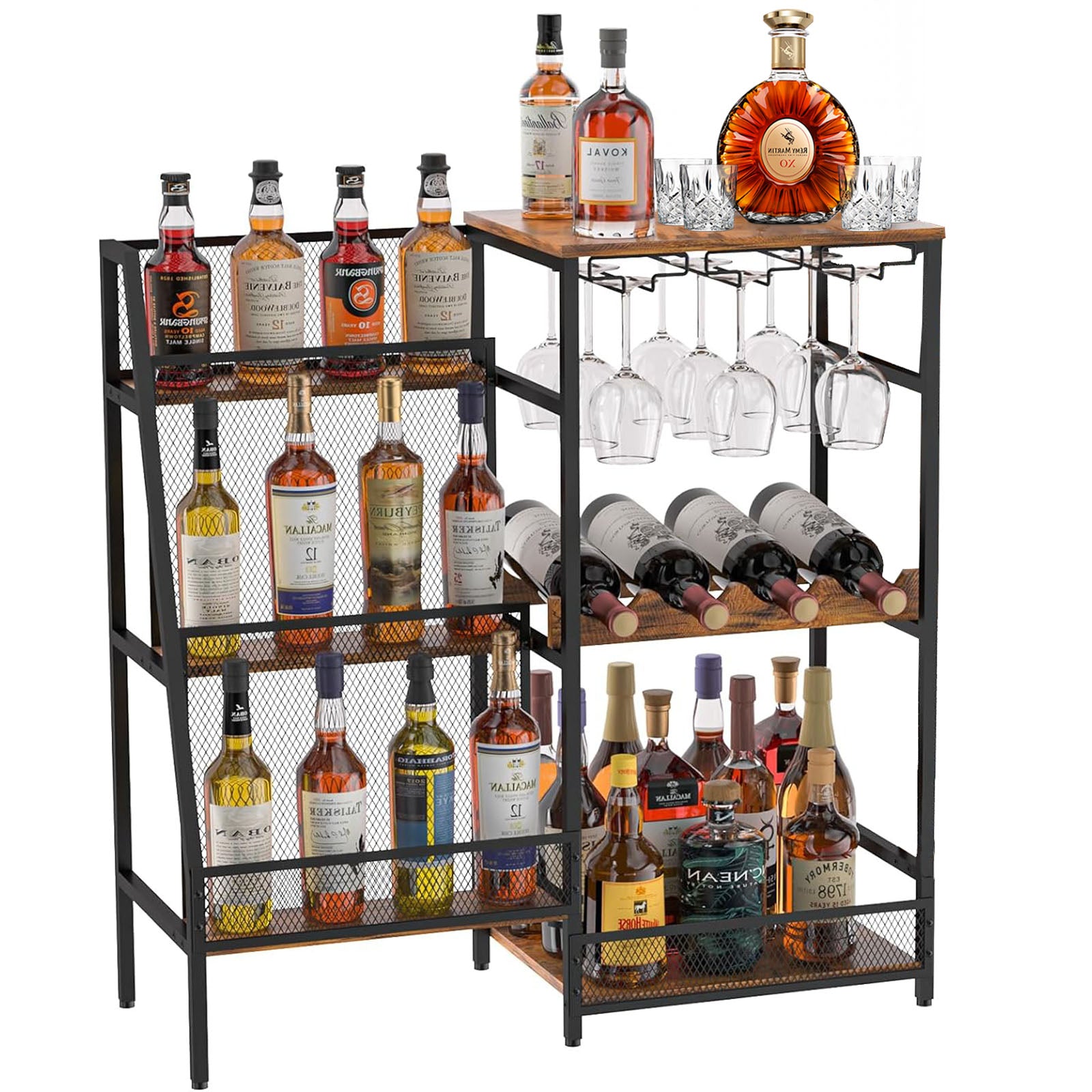 Versatile Liquor Stand For Home Bar, Wine Rack Freestanding Floor, Mini Bar Table For Liquor Whiskey Wine, 3 Tier Trapezoidal Liquor Bottle Display Shelf With Glass Holder And Fences Walnut Black