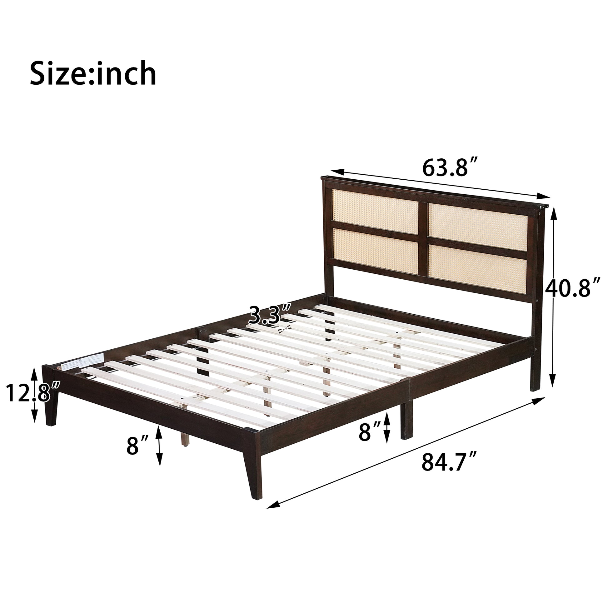 Queen Size Rubber Wooden, Solid Wooden Bed With Rattan Headboard, Enhanced By Support Feet,Espresso Queen Espresso Rubber Wood